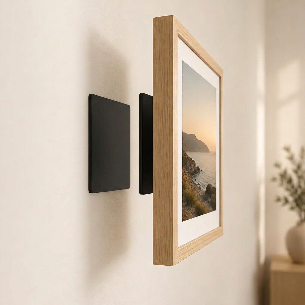 Vista lateral do sistema FrameU: duas peças quadradas, finas e pretas, do mesmo tamanho — uma fixada na parede e outra na traseira do quadro, prestes a conectar-se